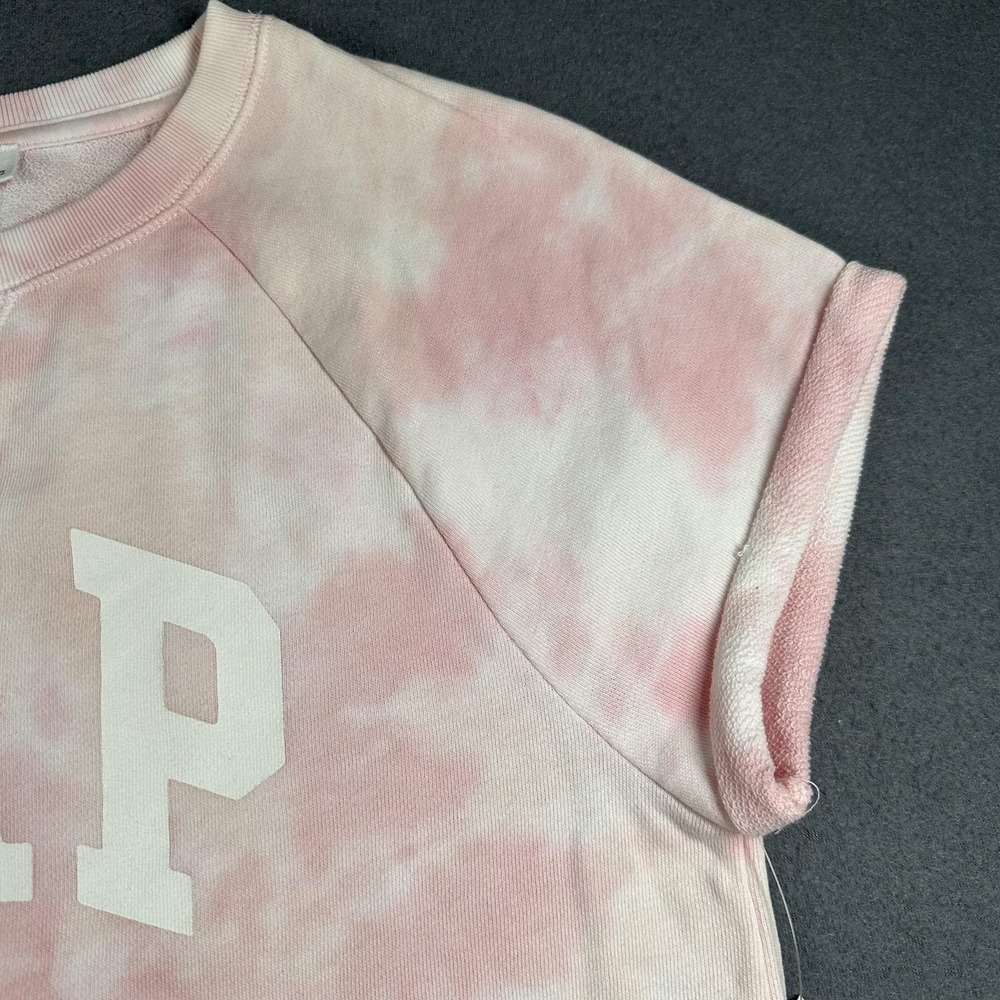 Gap Shirt Womens Small Pink Tie Dye Terry Raglan Short Sleeve GAP Logo Hibiscus - Picture 6 of 14